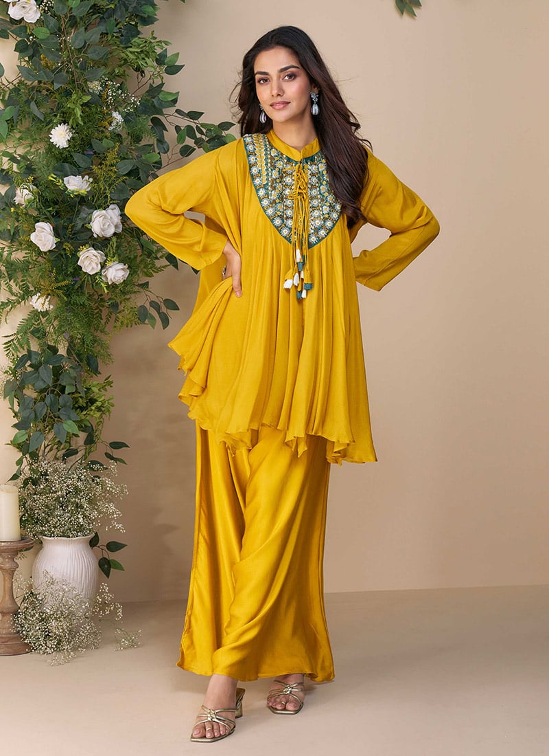 Mustard Chinon Silk Zardosi Embroidered Indowestern Palazzo Set Festive Wear