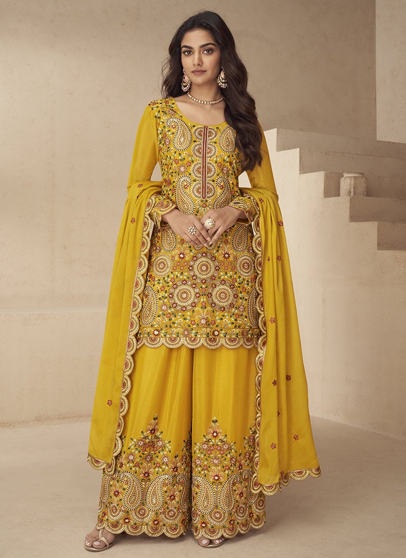 Mustard Chinon Silk Zari And Sequins Embroidered Palazzo Suit