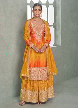 Mustard Chinon Silk Zari Embroidered Sequins Bandhini Print Palazzo Suit