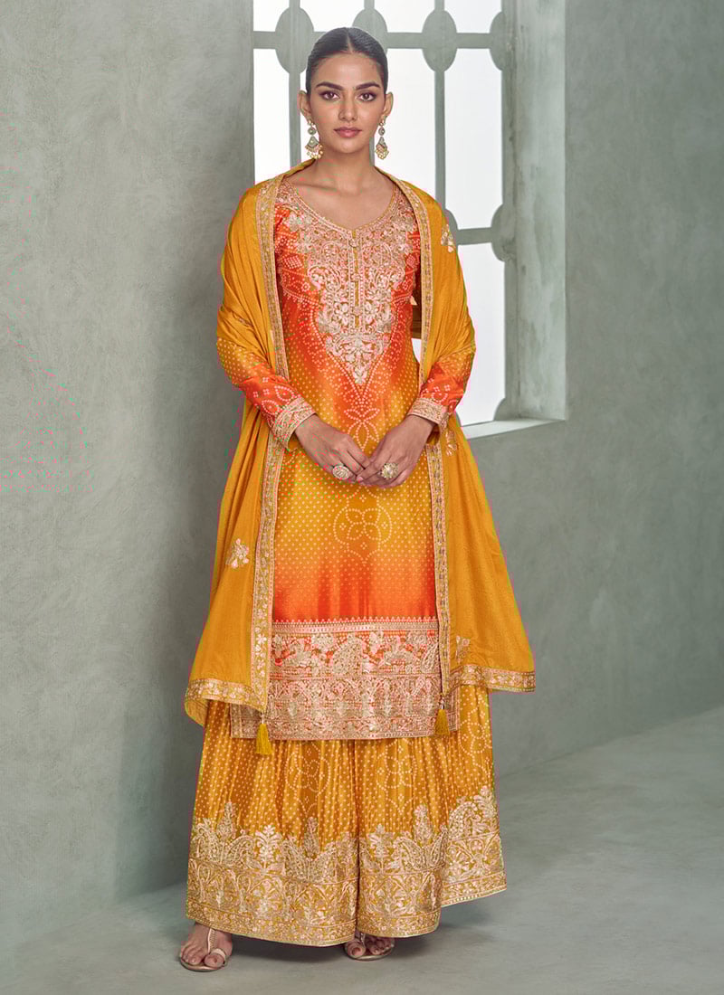 Mustard Chinon Silk Zari Embroidered Sequins Bandhini Print Palazzo Suit Festive Wear