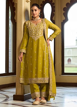 Mustard Chinon Silk Zari Embroidered Sequins Straight Pant Suit