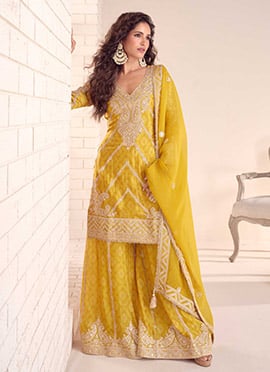 Mustard Chinon Zari Embroidered And Bandhini Print Pakistani Palazzo Suit Festive Wear