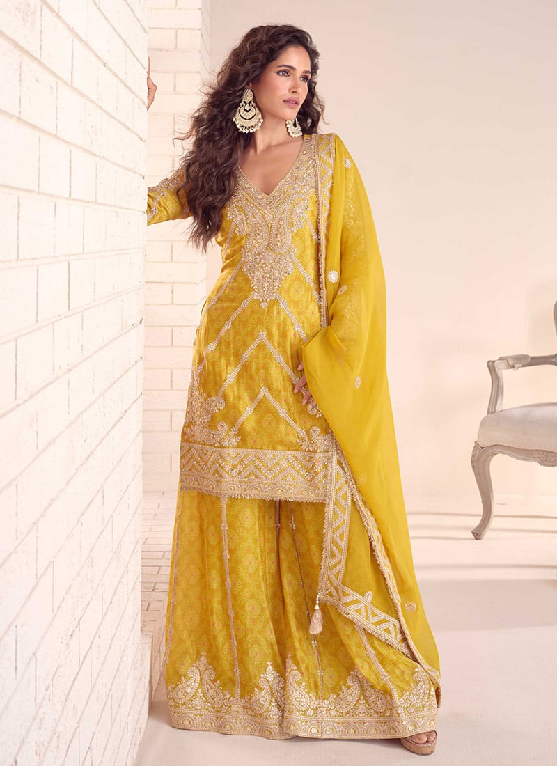 Mustard Chinon Zari Embroidered And Bandhini Print Pakistani Palazzo Suit