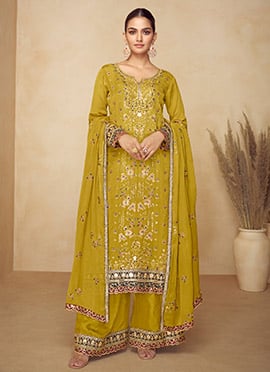 Mustard Chinon Zari Embroidered Sequins Palazzo Suit