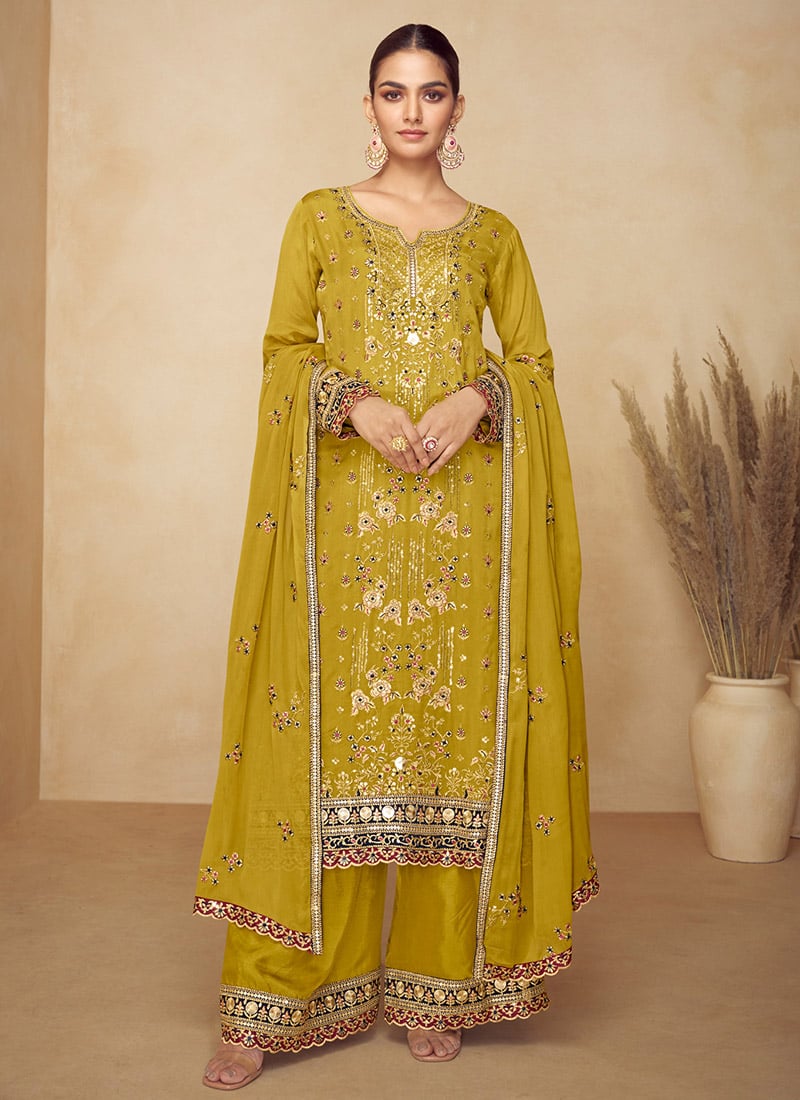 Mustard Chinon Zari Embroidered Sequins Palazzo Suit Festive Wear