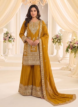 Mustard Chinon Zari Embroidered Sequins Palazzo Suit