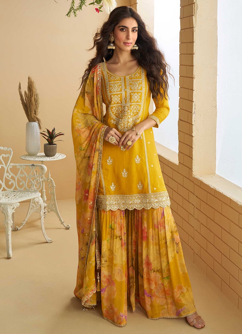 Mustard Chinon Zari Embroidered Sequins Printed Sharara Suit
