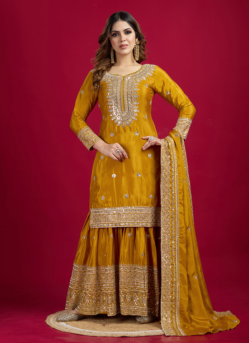 Mustard Chinon Zari Embroidered Sequins Sharara Suit Festive Wear
