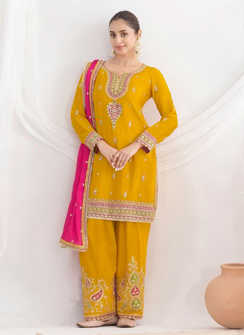 Mustard Chinon Zari Embroidered Sequins Stones Work Palazzo Suit Festive Wear