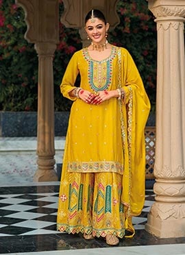 Mustard Chinon Zari Embroidered Sequins Stunning Palazzo Suit