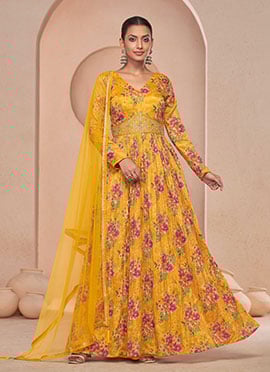 Mustard Chinon Zari Sequins Beads Printed Anarkali Suit