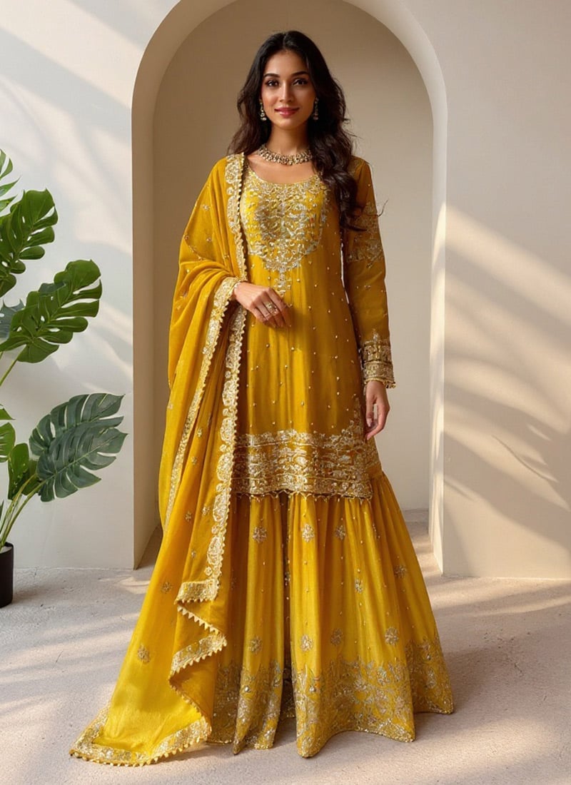 Mustard Chinon Zari Sequins Moti Sharara Suit Festive Wear