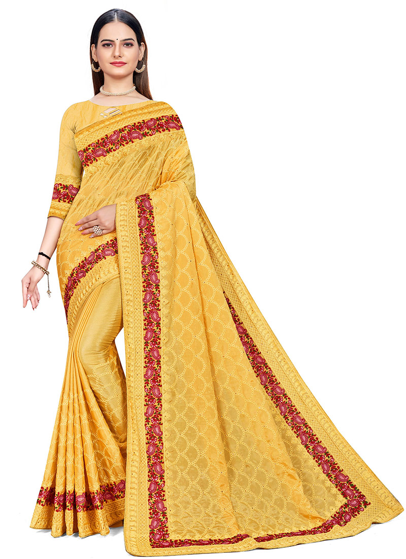 Shop Mustard Color Embroidery And Stone Work Chinon Saree Festive Wear