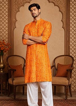 Mustard Cotton Bandhini Print Kurta For Men