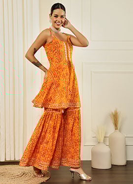 Mustard Cotton Bandhini Print Kurta Sharara Set