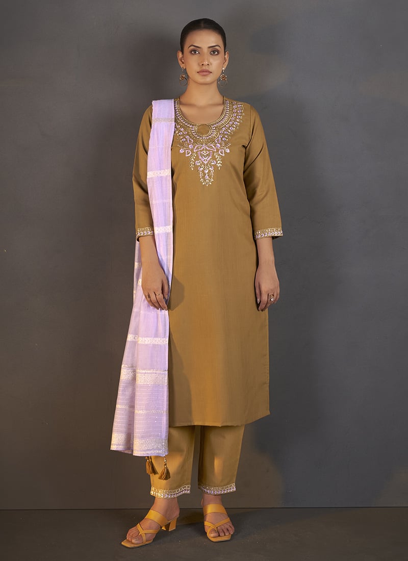 Mustard Cotton Blend Embroidered Straight Pant Suit After Six Wear
