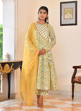 Mustard Cotton Blend Printed Straight Pant Suit