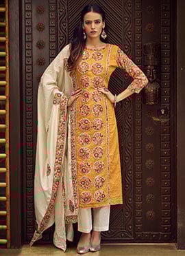 Mustard Cotton Kalamkari Print Patch Work Straight Pant Suit