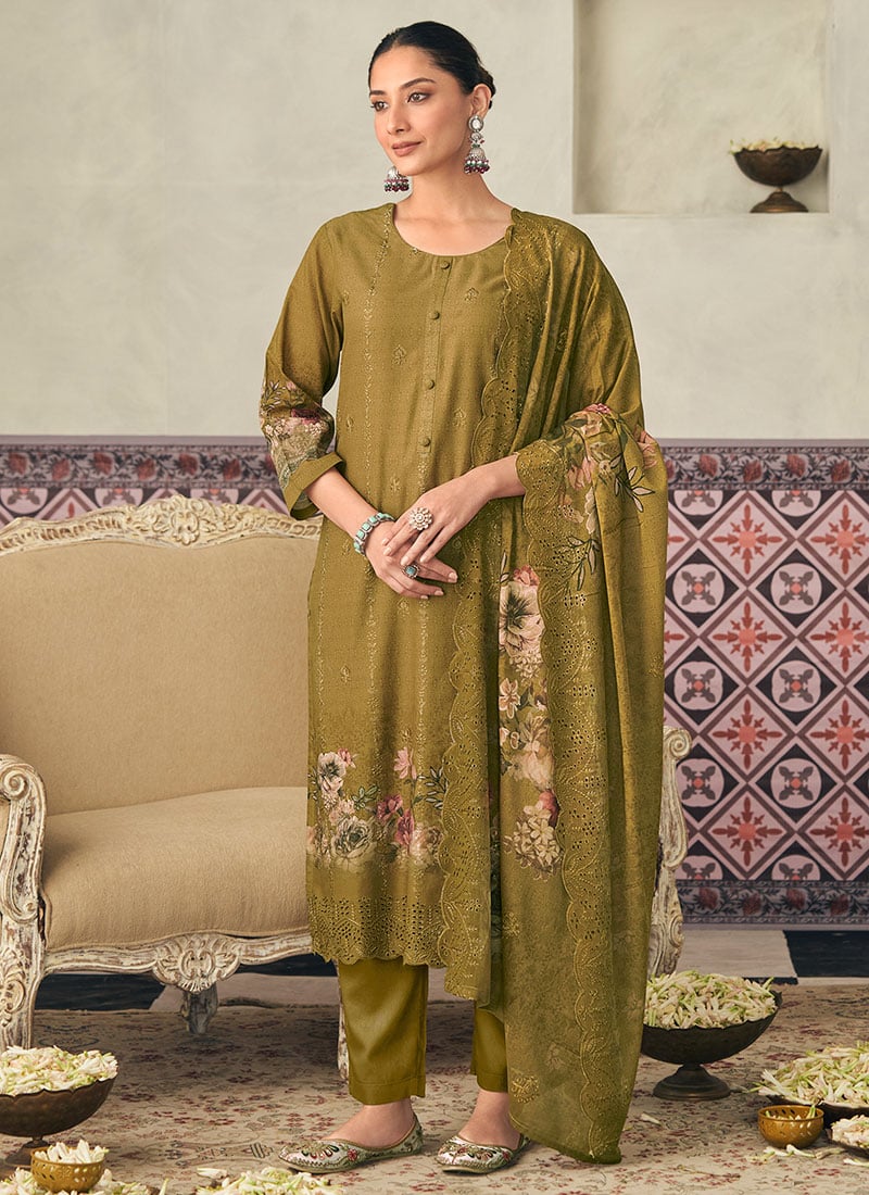 Mustard Cotton Digital Print Straight Pant Suit After Six Wear