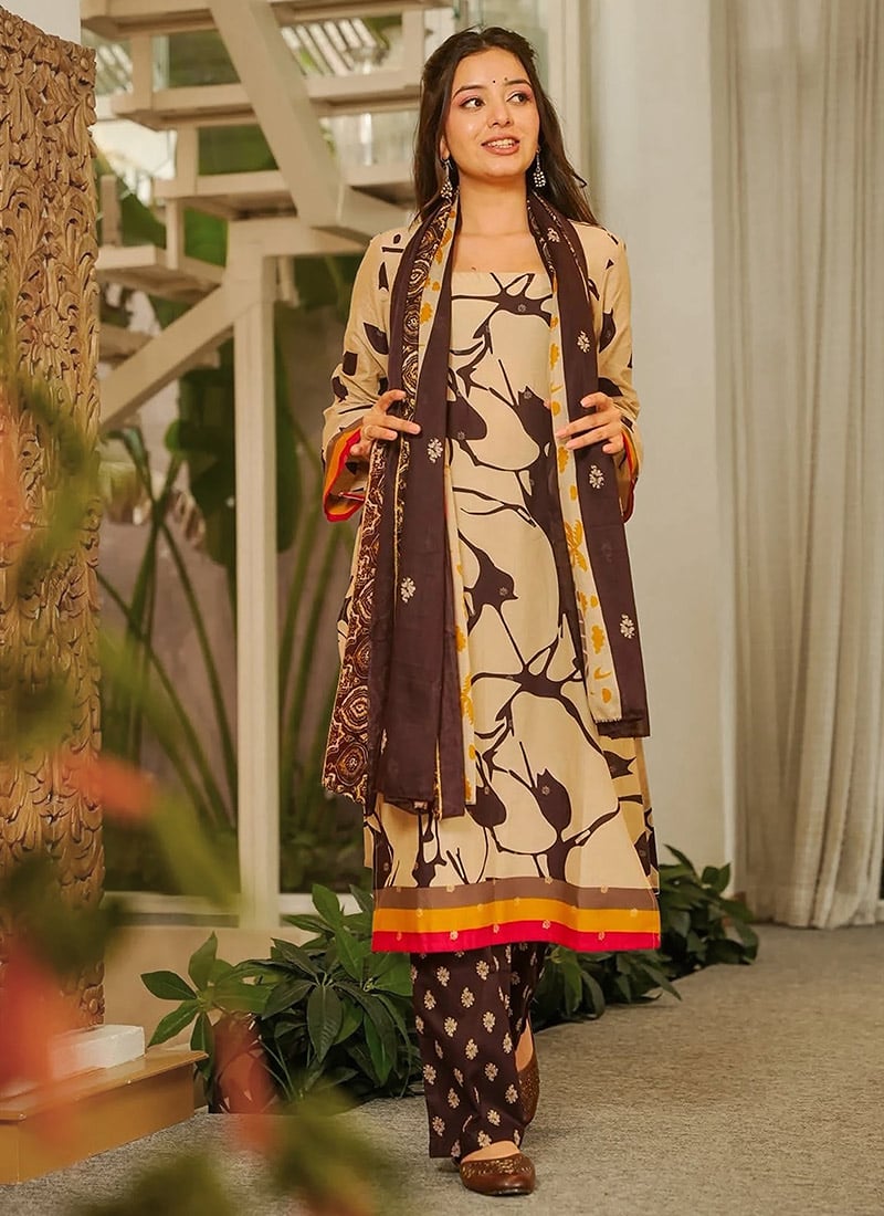 Mustard Cotton Digital Print Straight Pant Suit Leisure Wear