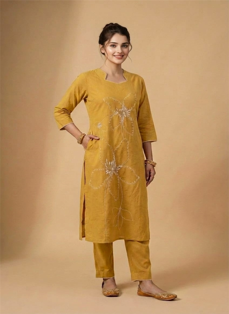Mustard Cotton Embroidered Kurta Set After Six Wear