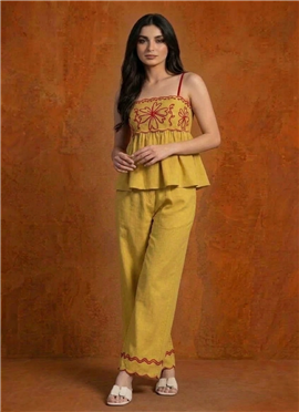 Mustard Cotton Embroidered Peplum Co-ord Set
