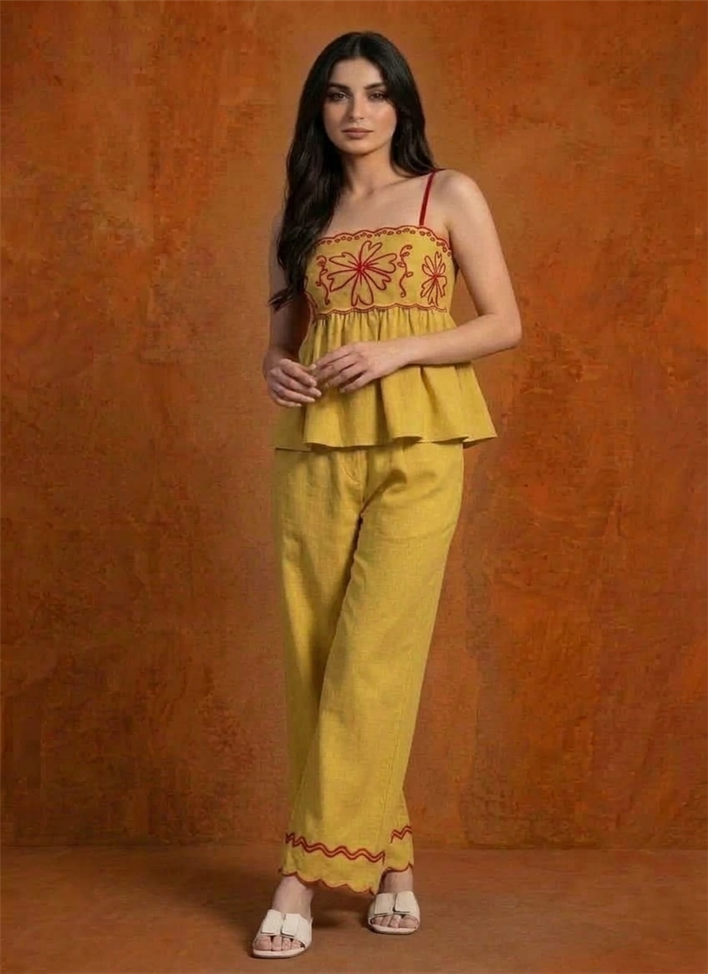 Mustard Cotton Embroidered Peplum Co-ord Set After Six Wear