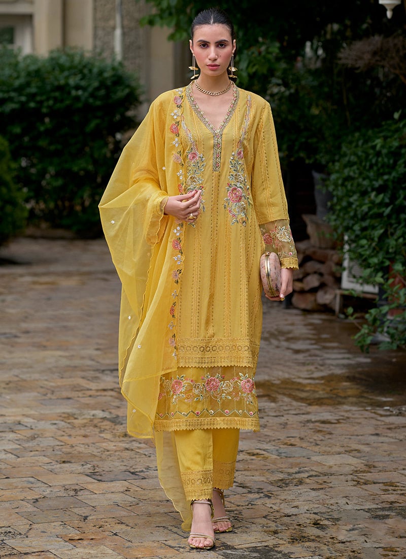 Mustard Cotton Embroidered Sequins Stunning Straight Pant Suit Festive Wear