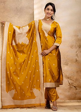 Mustard Cotton Jacquard Banarasi Straight Pant Suit