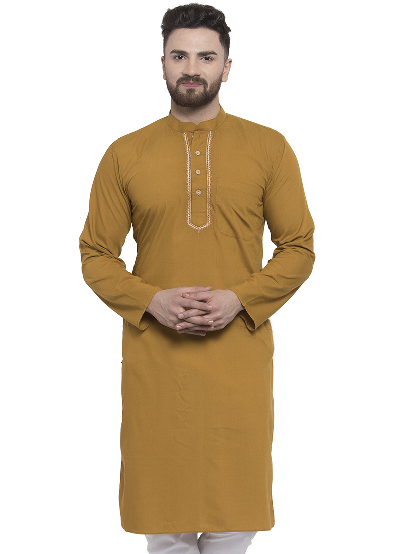 Buy Mustard Cotton Kurta, Embroidered, kurta Online Shopping MMMDMF534