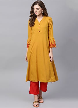 Mustard Cotton Kurta Straight Pant Set