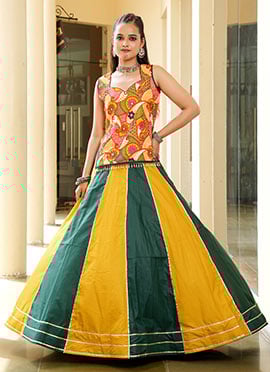 Mustard Cotton Kutch And Mirror Work Long Choli Lehenga