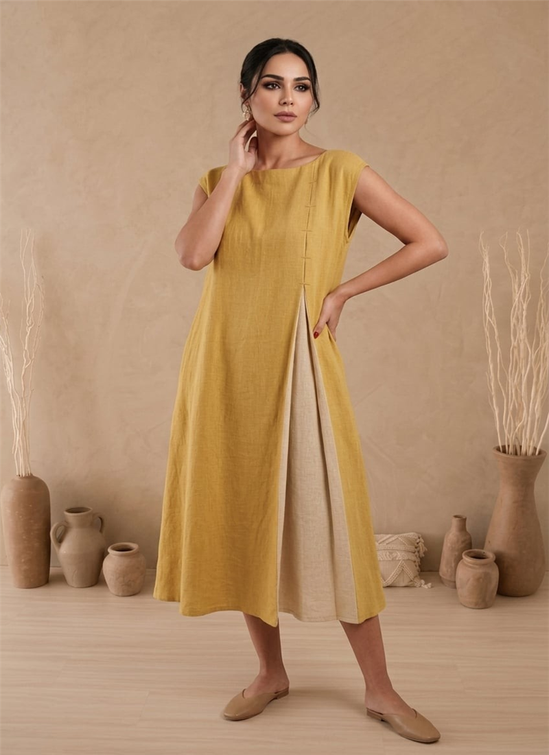 Mustard Cotton Layered Midi Dress After Six Wear