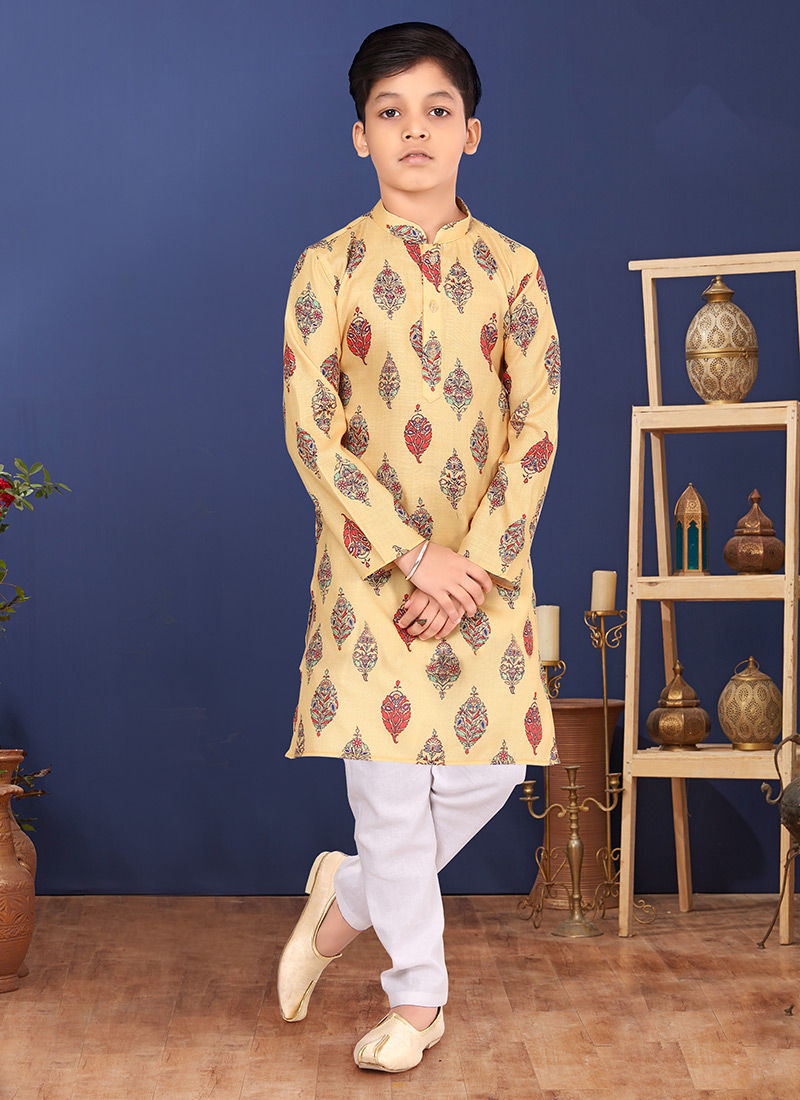 Mustard Cotton Printed Boys Kurta Pyjama