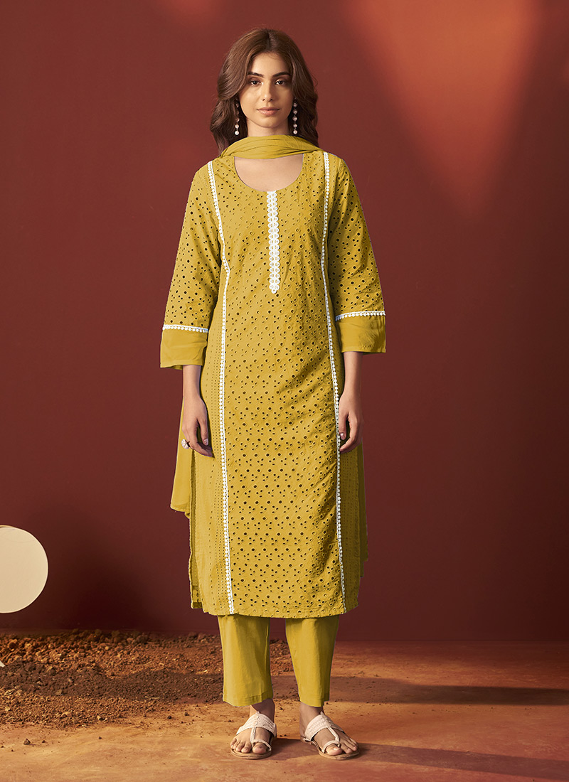 Mustard Cotton Schiffli Work Straight Pant Suit After Six Wear