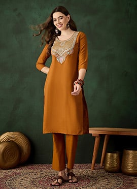 Mustard Cotton Sequins Kurta Straight Pant Suit