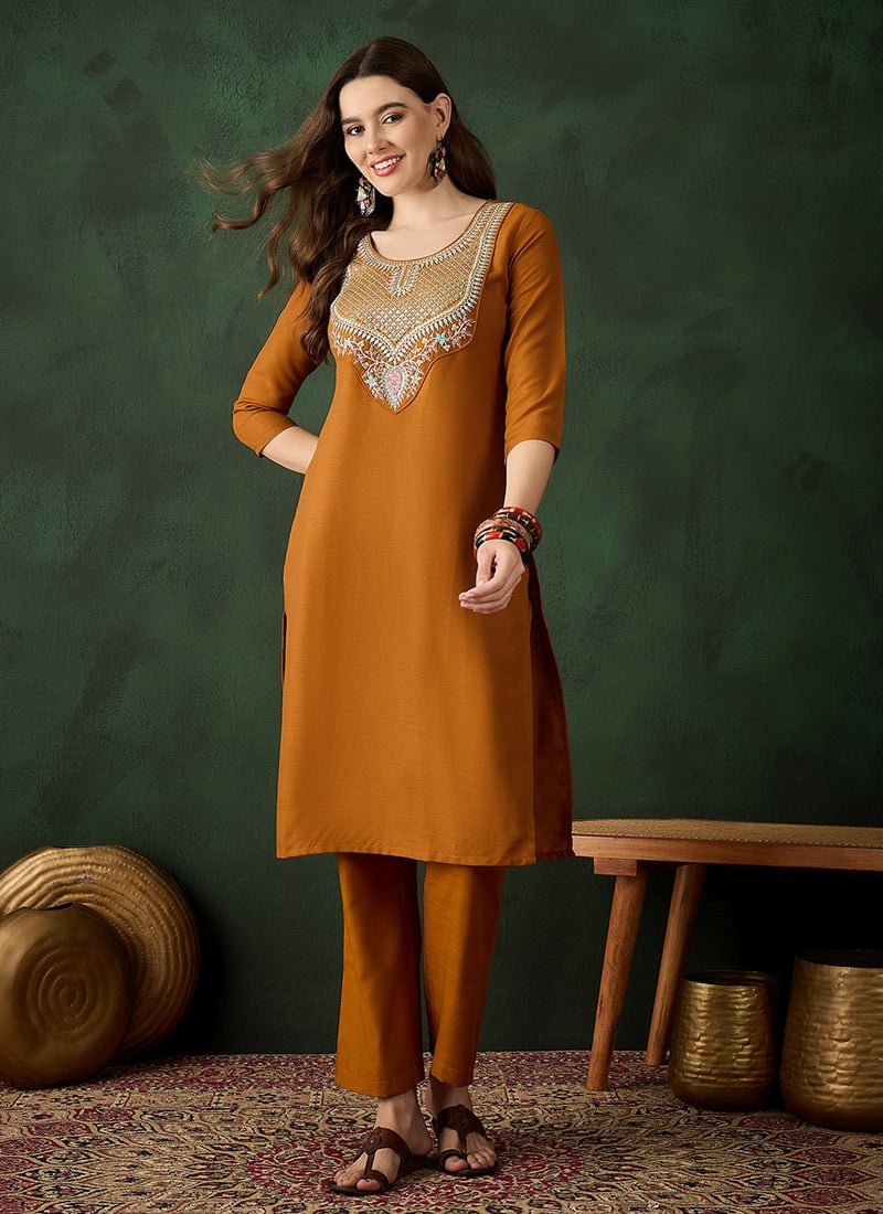Mustard Cotton Sequins Kurta Straight Pant Suit After Six Wear