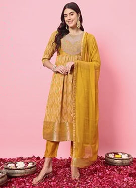 Mustard Cotton Silk Printed Embroidered Straight Pant Suit