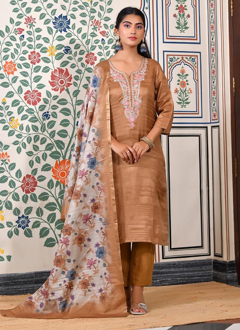 Mustard Cotton Silk Zari And Digital Print Straight Pant Suit After Six Wear