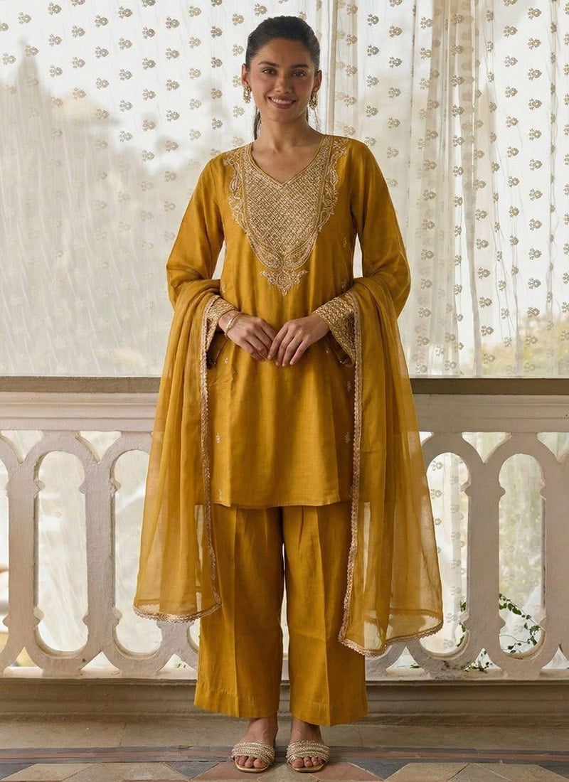 Mustard Cotton Silk Zari Embroidered Sequins A Line Short Kurti Straight Pant Suit Festive Wear