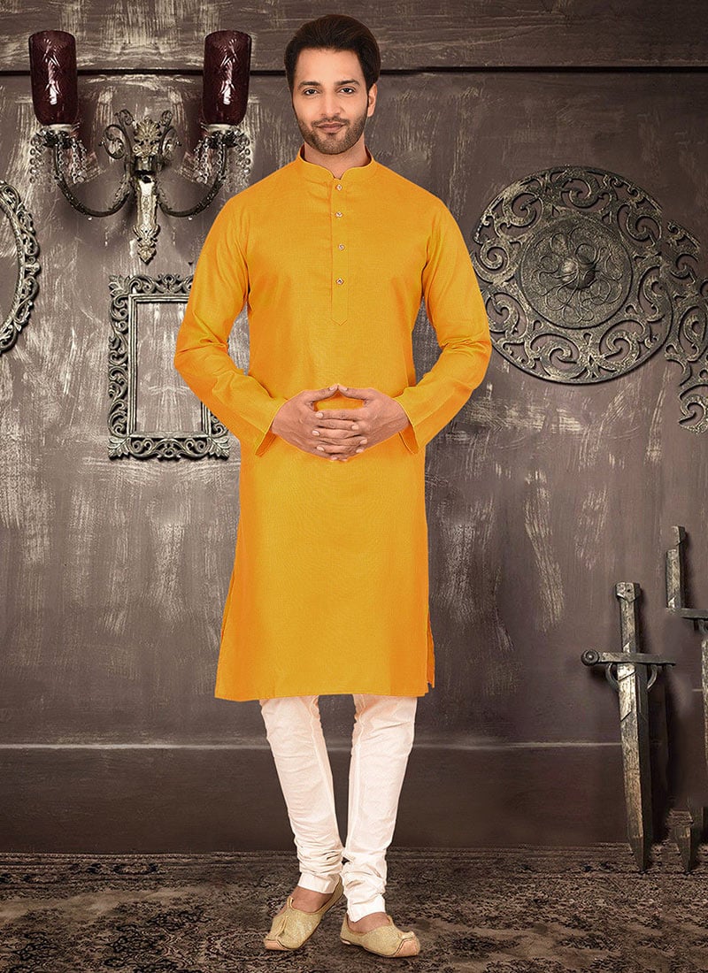 Mustard Cotton Soild Plain Kurta Pyjama Work Wear