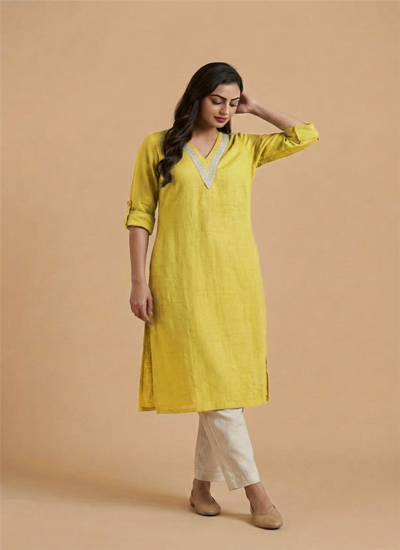 Mustard Cotton Straight Kurta With  Straigh Pants After Six Wear