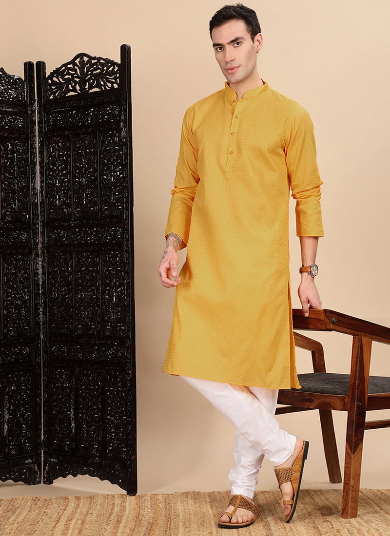 Mustard Cotton Textured Kurta