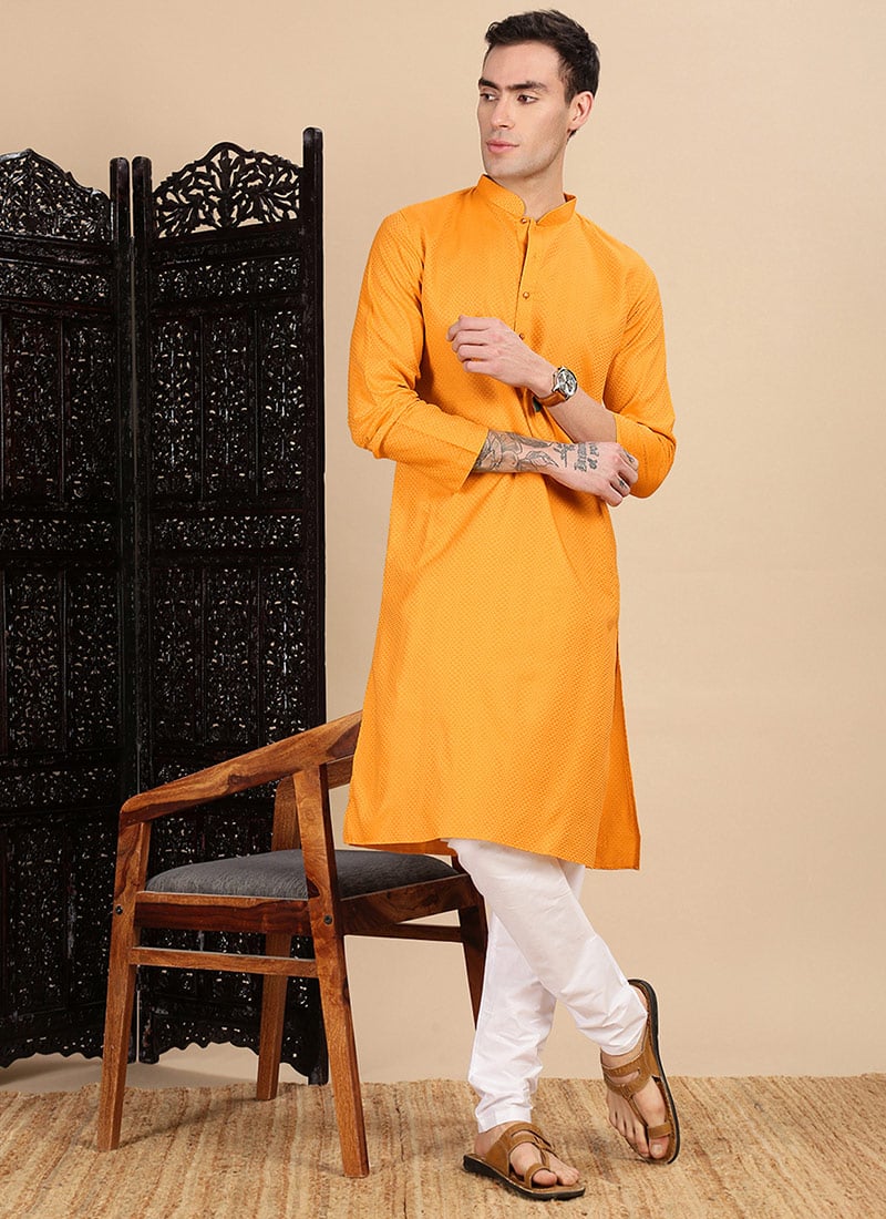Mustard Cotton Textured Kurta