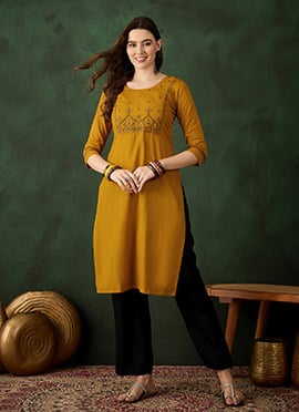 Mustard Cotton Thread Work Knee Length Kurti