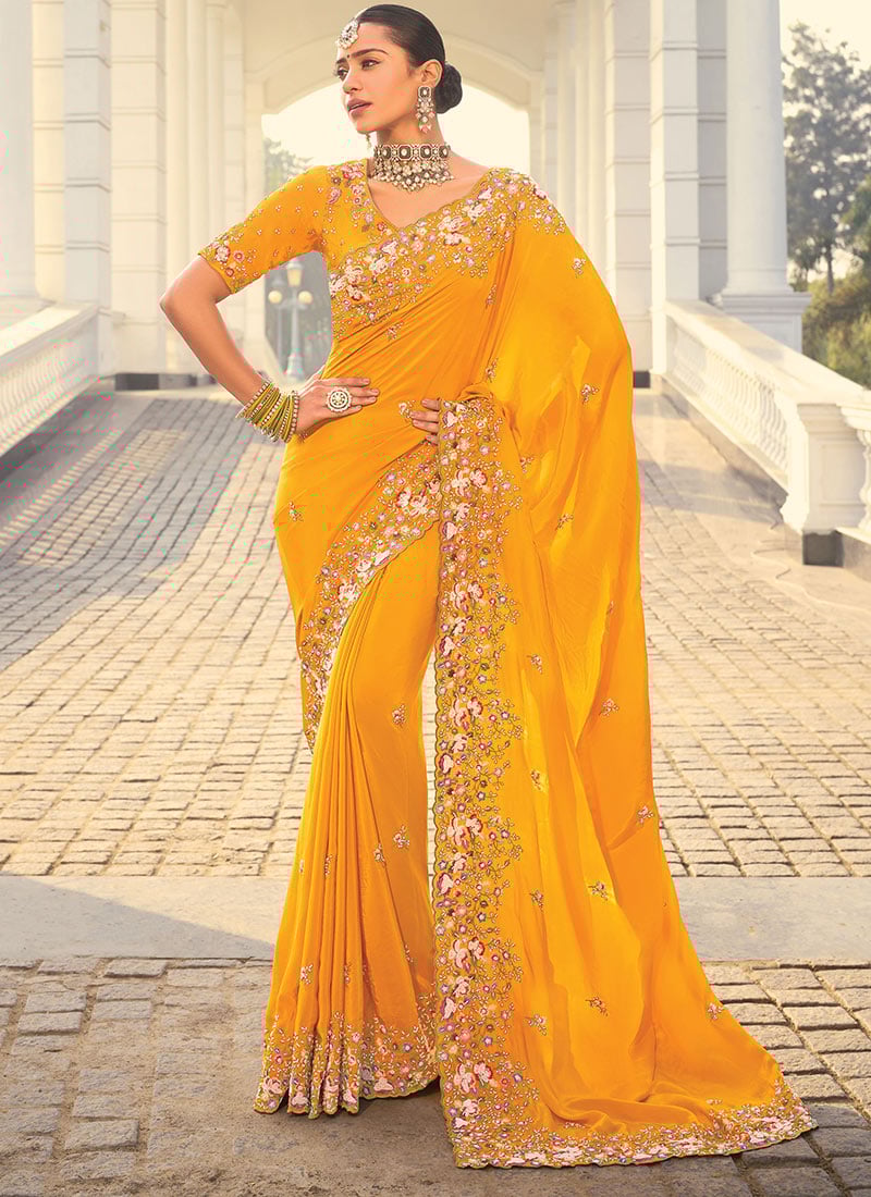 Mustard Crepe Embroidered Beads Thread Zarkan Stones Saree Wedding Wear