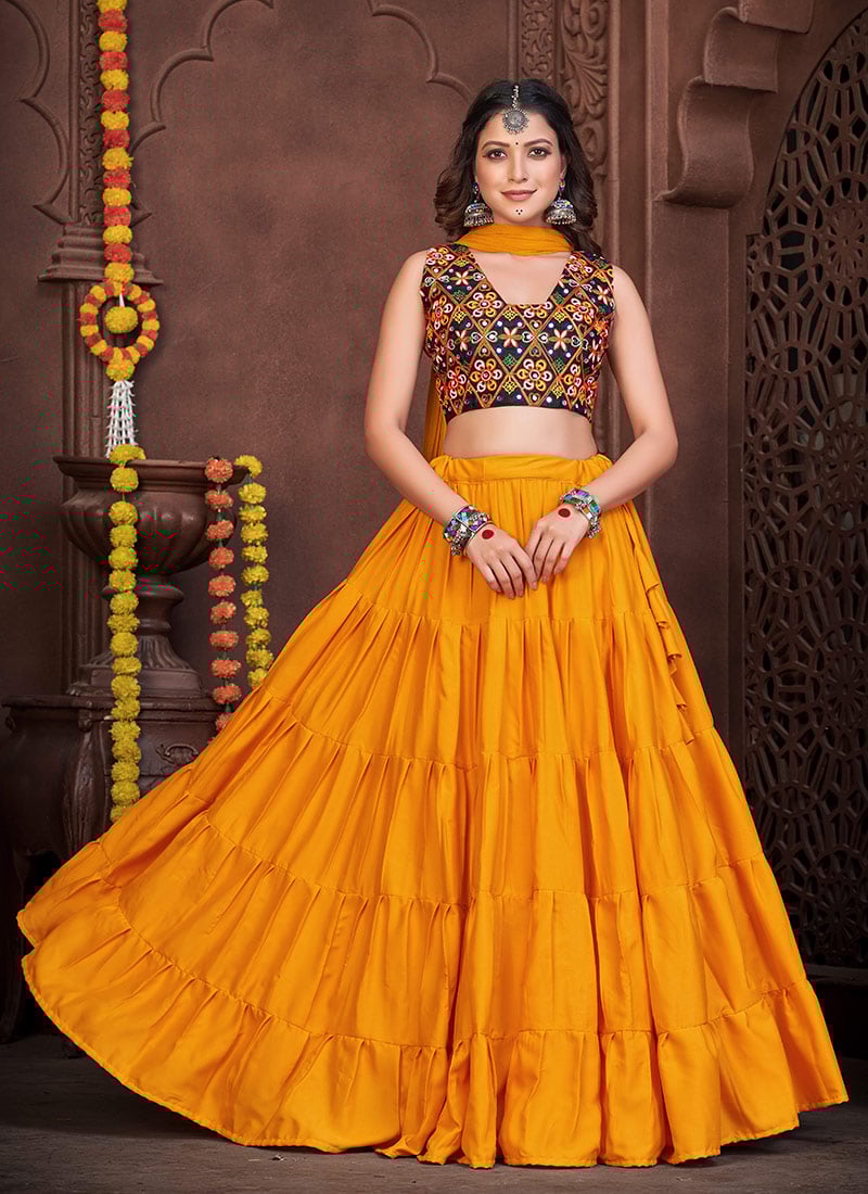 Mustard Crepe Kutch And Mirror Work Chaniya Choli Festive Wear