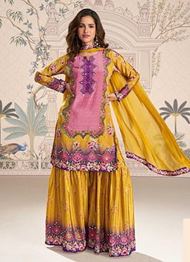 Mustard Crepe Silk Digital Print Stone And Mirror Work Sharara Suit