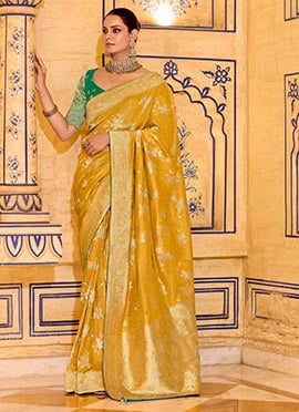 Mustard Crepe Silk Zari Jacquard Floral Woven Saree