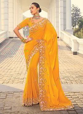 Mustard Crepe Zarkan Embroidered With Beads And Stone Work Saree